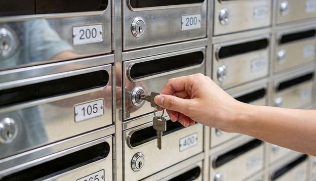 Close-up unlocking mailbox lock with key on stainless steel mailbox bank