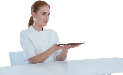 Transparent Image of Woman Holding Tablet at Desk