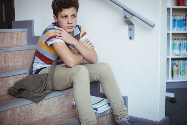 A young boy sits alone on a staircase in a school, looking sad and pensive. He has a backpack and books beside him, suggesting he is a student. This image can be used to depict themes of loneliness, contemplation, and emotional struggles in educational settings. It is suitable for articles or campaigns related to mental health, bullying, or the challenges faced by students.