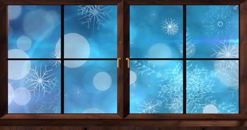 Festive Snowflakes on Window Glass Winter Holiday Theme