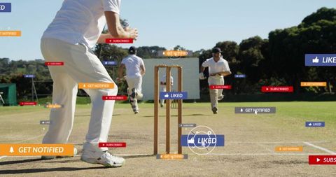 Cricket bowler delivering ball to stumps on sunny pitch with social media likes and alerts overlays