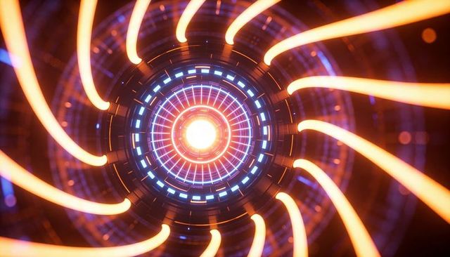Futuristic Reactor Core Radiating Neon Rings and Glowing Turbine Trails