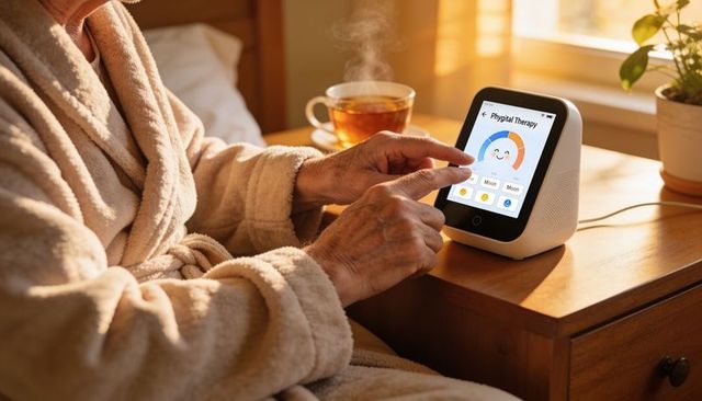 Senior pointing and tapping smart therapy device at bedside in morning sunlight
