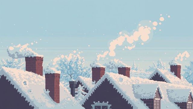 Pixel art winter village rooftops with steaming chimneys and snow-covered gables
