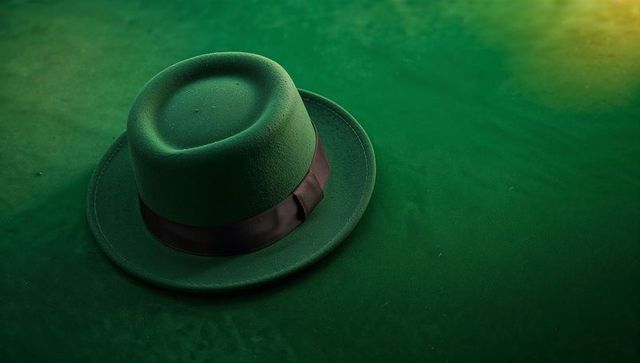 Emerald Felt Fedora Sitting on Green Felt Surface, Black Ribbon, Minimalist Flatlay