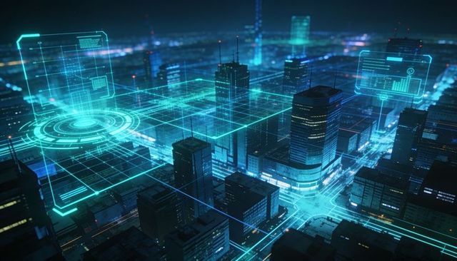 Projecting holographic grid over futuristic neon cityscape with floating hud data panels