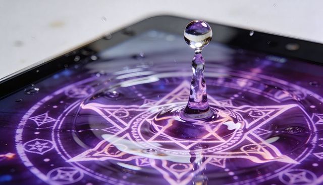 Purple sigil ripples on tablet from precision water droplet impact high-speed macro