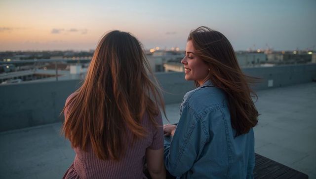 Two friends chatting on rooftop at sunset with city skyline and denim jacket