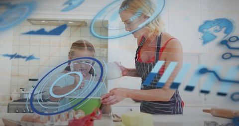 Mother and daughter baking with augmented reality hud overlays in bright kitchen