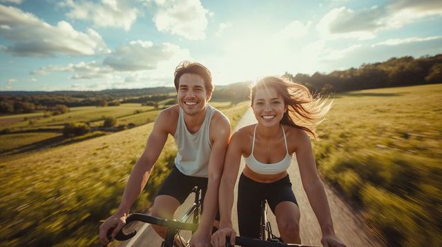 Smiling couple cycling side-by-side on sunlit country road at golden hour