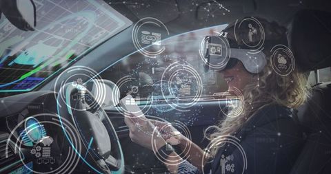 Woman in vr headset navigating futuristic self-driving car