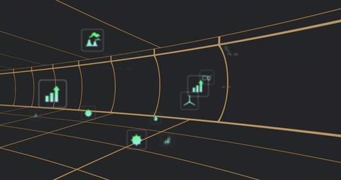 Glowing Gold Grid Tunnel Receding with Teal Holographic Icons for Futuristic Interface