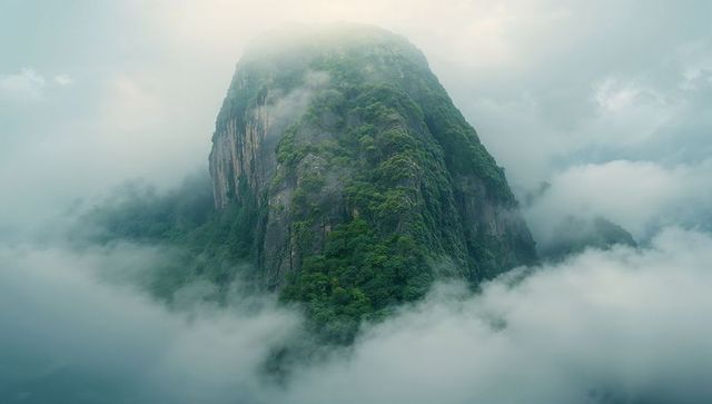 Misty mountain peak rising above cloud forest