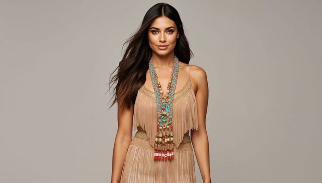 Model wearing elegant tan fringe dress with statement necklace