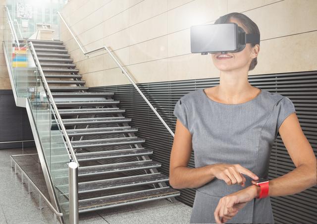 Digital composition of a woman using virtual reality headset and smart watch