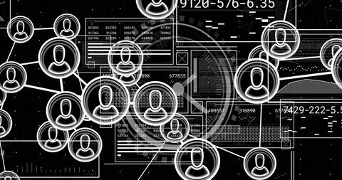 Digital networking with user icons and data analysis graphics