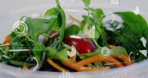 Fresh salad greens with hud overlays showing food analytics, nutrition tracking, wellness insights