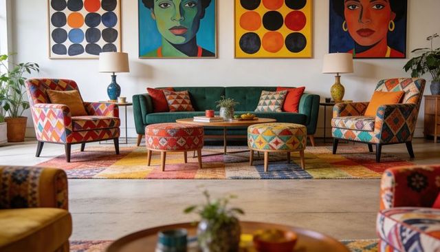 Vibrant eclectic interior with emerald velvet sofa, geometric armchairs and bold wall art