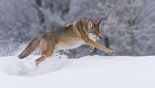 Coyote leaping through deep snowdrift, kicking powder spray in winter forest