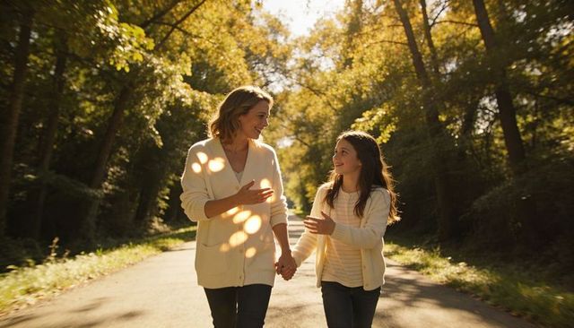 Mother and daughter walking hand in hand on sunlit forest trail in knit cardigans