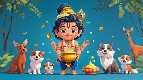 Mythological child deity stirring butter in forest with animals