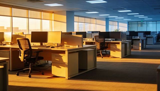 Sunlight bathing empty open-plan office with dual monitors and ergonomic chairs