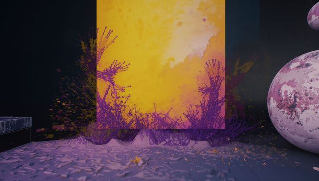 Abstract installation with purple branches and orange canvas