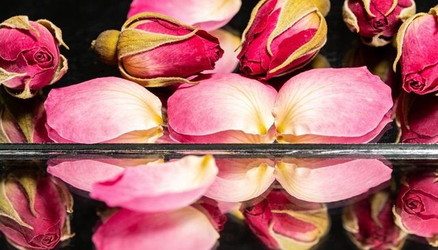 Pink rose petals and dried rosebuds reflecting on black mirror for romantic design