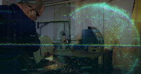 Industrial Machinist Precision Cutting with Data Integration Overlay