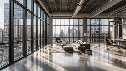 Sunlight bathing luxury industrial loft with panoramic city skyline view and furnishings