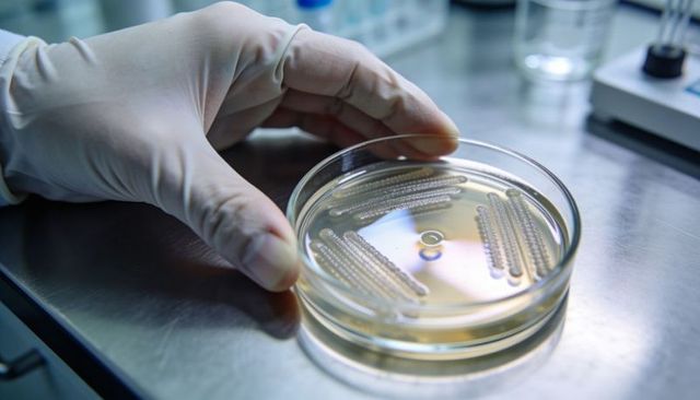 Gloved Hand Holding Petri Dish with Bacterial Streaks on Stainless Steel Lab Bench