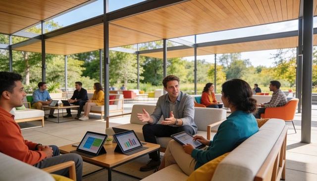 Team collaborating outdoors in modern pavilion lounge using tablets for casual meeting
