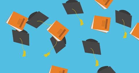 Floating graduation caps and books on blue background