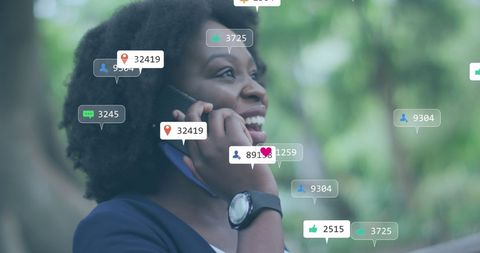 Social Media Engagement Icons Surround African Woman Using Smartphone