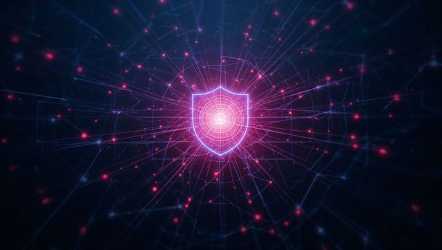 Glowing Neon Shield in Futuristic Cybersecurity Grid