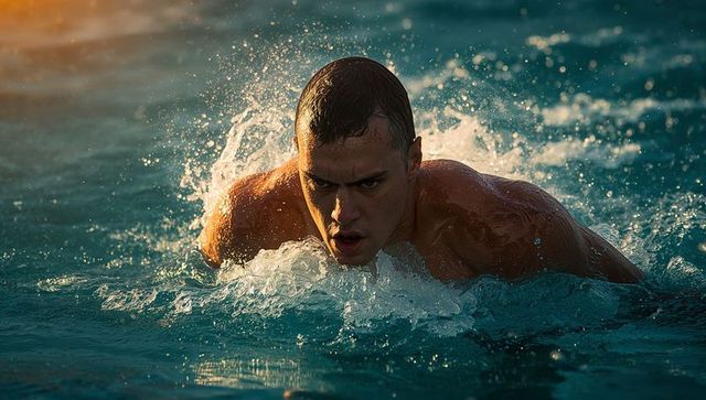 Determined swimmer powering through teal water at golden hour with dramatic splashes