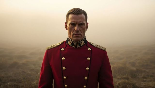 Regal Officer in Red Facing Camera on a Foggy Moorland