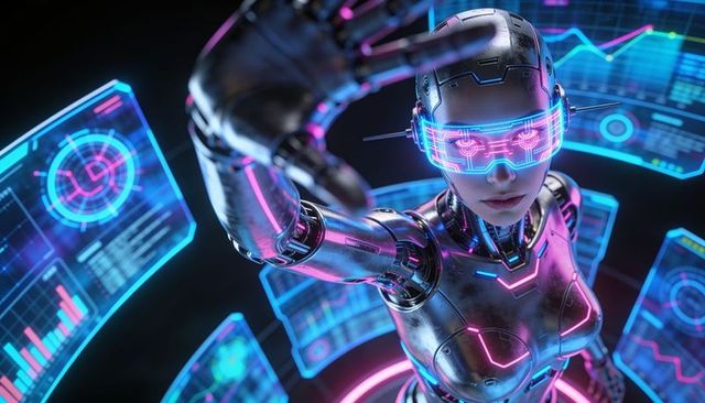 Reaching neon chrome female android interacting with holographic data interface