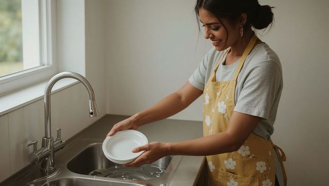 Smiling woman washing dishes wearing yellow floral apron rinsing white plate at sink