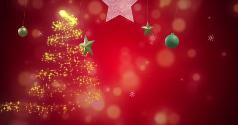 Festive Christmas Decorations with Sparkling Tree on Red Background