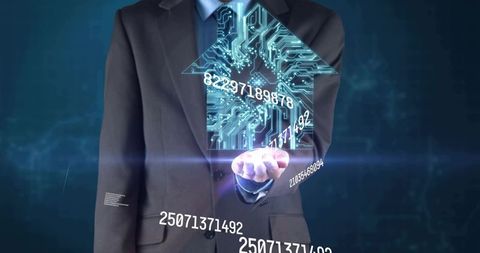 Businessman presenting holographic digital arrow with flowing data and number visuals
