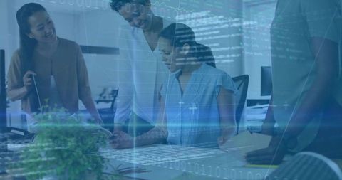 Women Collaborating on Digital Project with Graph Overlay, Innovation and Productivity