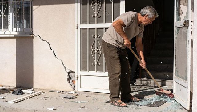 Senior man sweeping shattered glass at damaged apartment entrance after wall crack