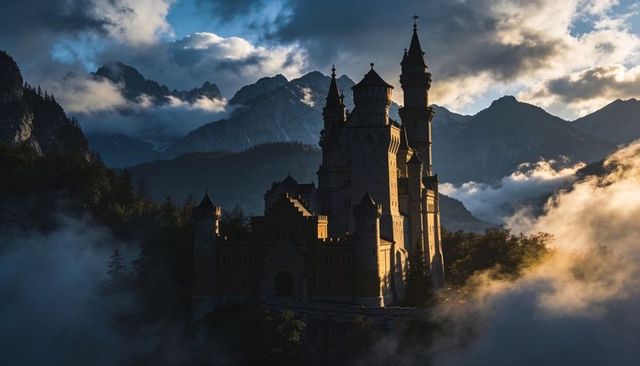 Sunlit medieval castle emerging from mountain mist at sunrise with towering turrets