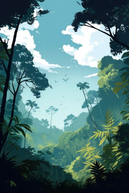Rainforest with birds and tropical plants, created using generative ai technology. Rainforest, nature and scenery concept digitally generated image.