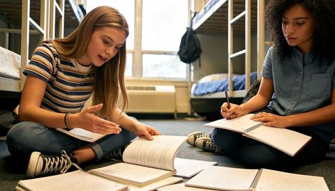 College roommates studying together on dorm floor with notebooks and bunk beds