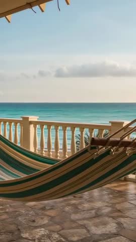Vertical video: Striped hammock swaying on ocean-view veranda over turquoise tropical sea