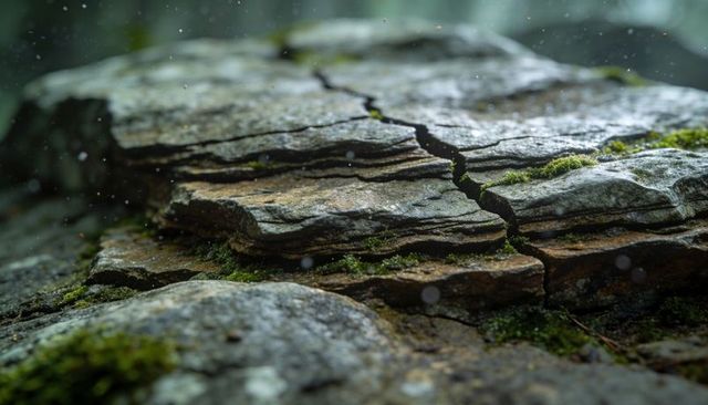 Layered cracked rock plates with moss and rain droplets revealing diagonal fissure macro