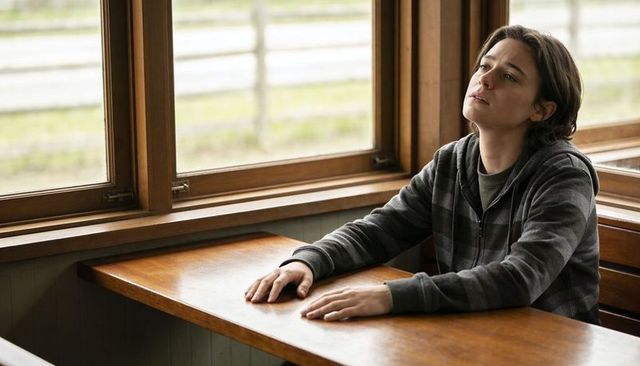 Young woman sitting in booth gazing through wooden windows at fenced rural field