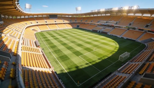 Sunlit empty soccer stadium with striped pitch and orange seating, panoramic aerial view